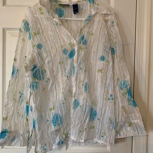 White and Blue Floral Sheer Blouse